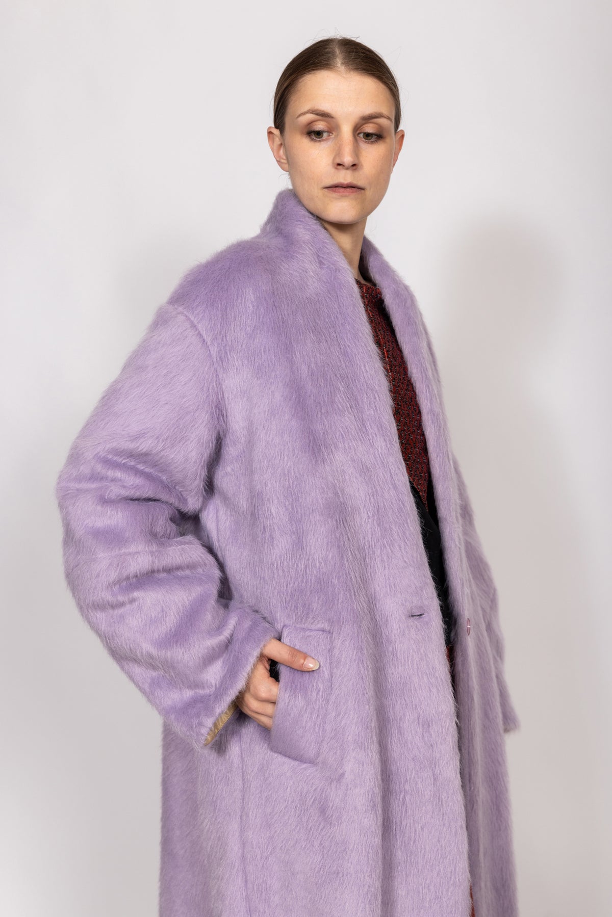 Cappotto in eco velour lilla con cerniera