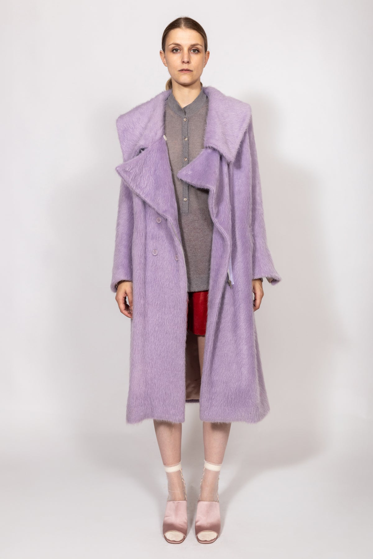 Cappotto in eco velour lilla con cerniera